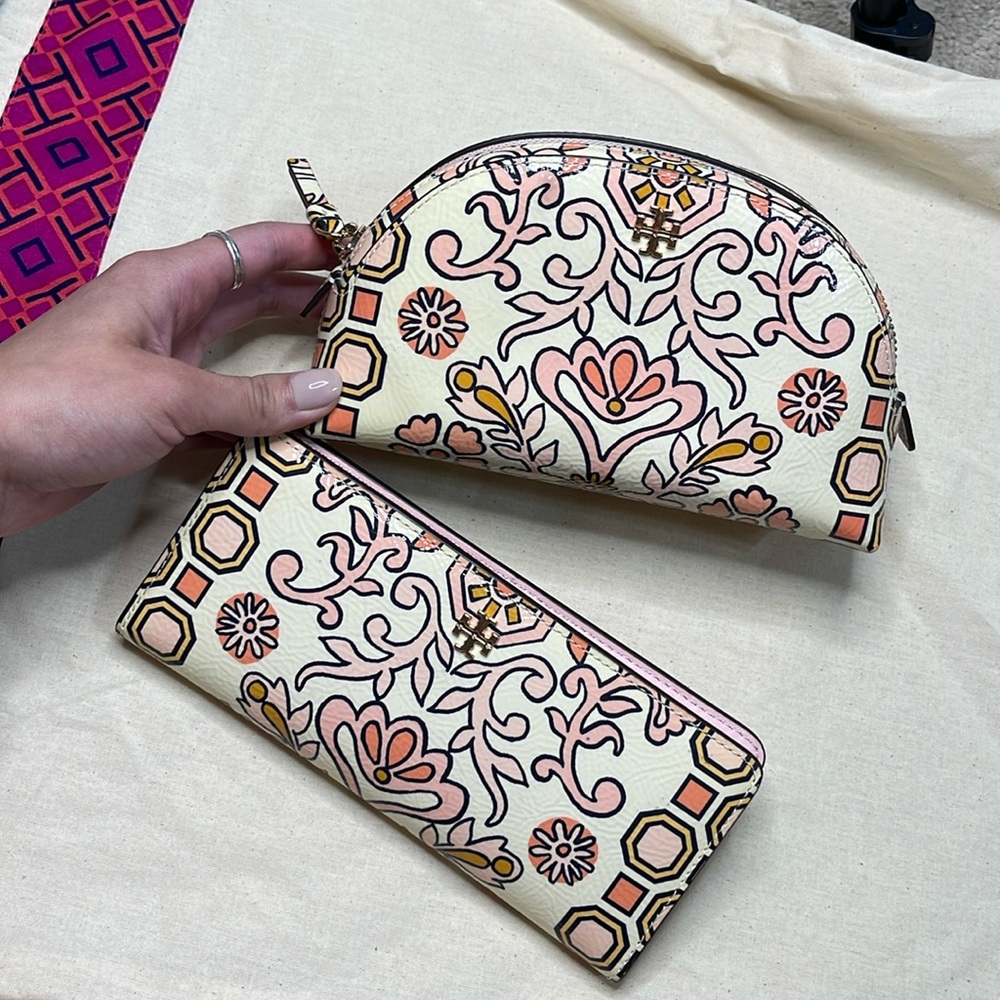 Tory Burch Hicks Garden collection cosmetic bag & continental wallet combo